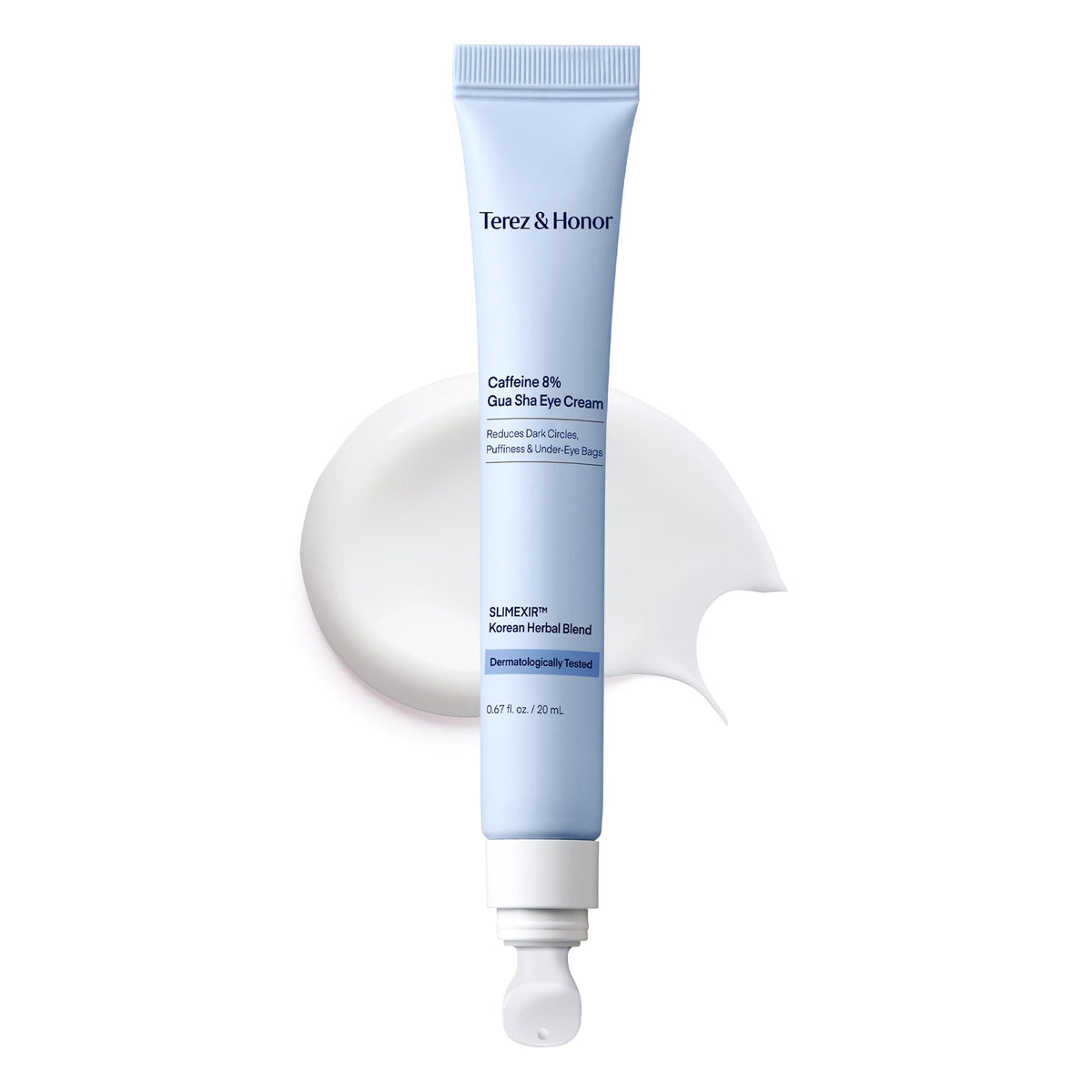 TEREZ & HONOR 8% caffeine eye cream bottle closeup for brightening under-eye area