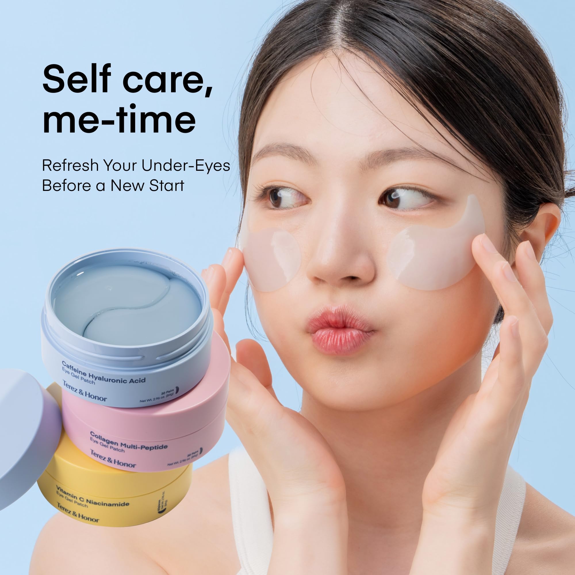 Tray of TEREZ & HONOR patches demonstrates multi-use skincare with caffeine and collagen-inspired firming effect.