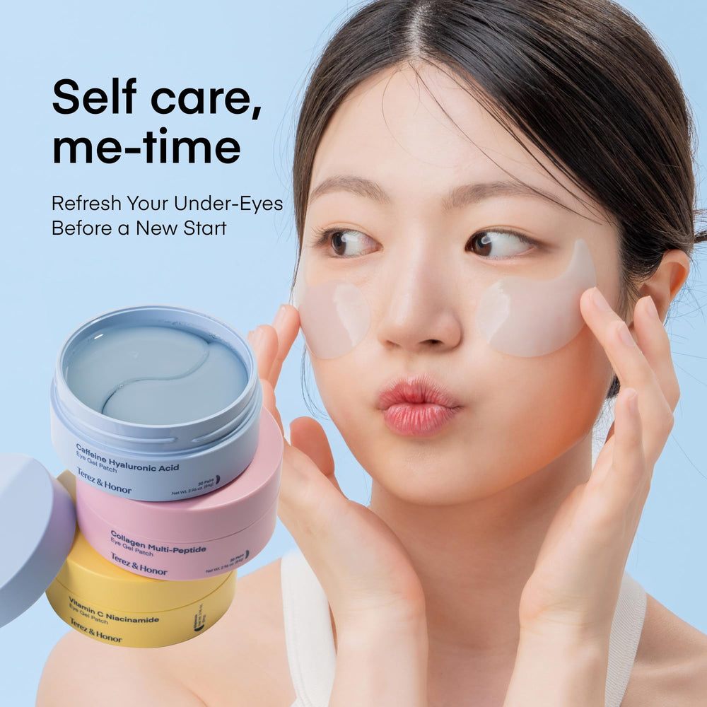 Tray of TEREZ & HONOR patches demonstrates multi-use skincare with caffeine and collagen-inspired firming effect.