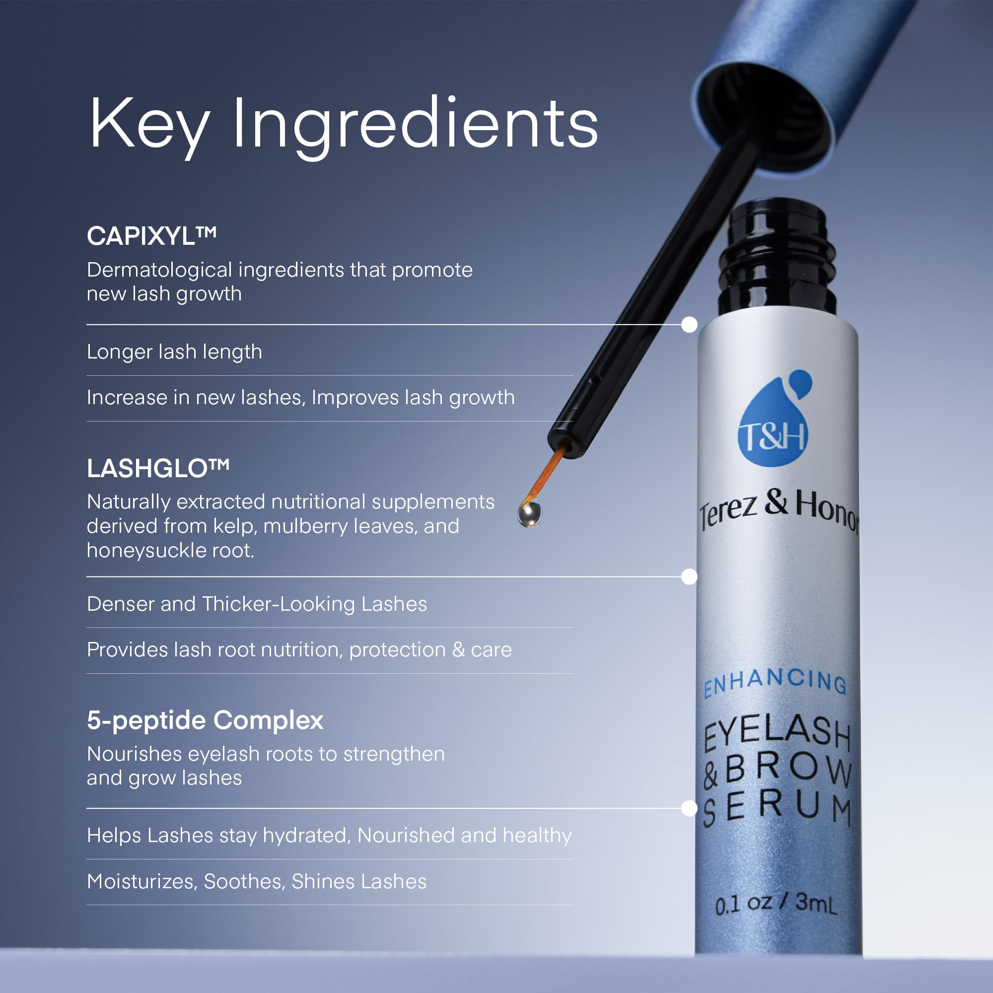 TEREZ & HONOR eyebrow serum applicator close-up for precise brow treatment