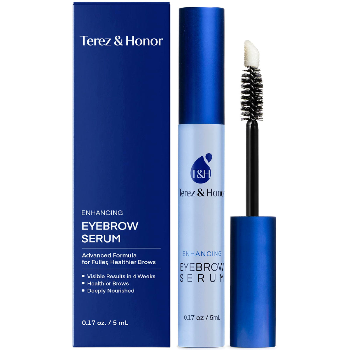 TEREZ & HONOR Eyebrow Growth Serum bottle close-up highlighting nourishing formula for fuller brows.