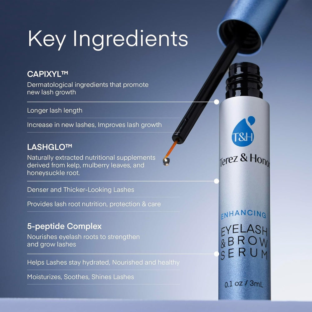 TEREZ & HONOR eyelash serum applicator close-up showing fine tip for controlled application.