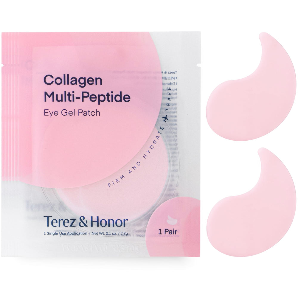 TEREZ & HONOR peptide collagen hydrogel eye patches in travel pack promote quick under-eye refresh.
