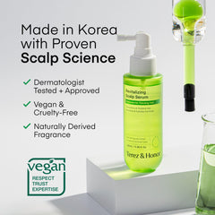 TEREZ & HONOR scalp serum bottle closeup highlights non-greasy, lightweight formula