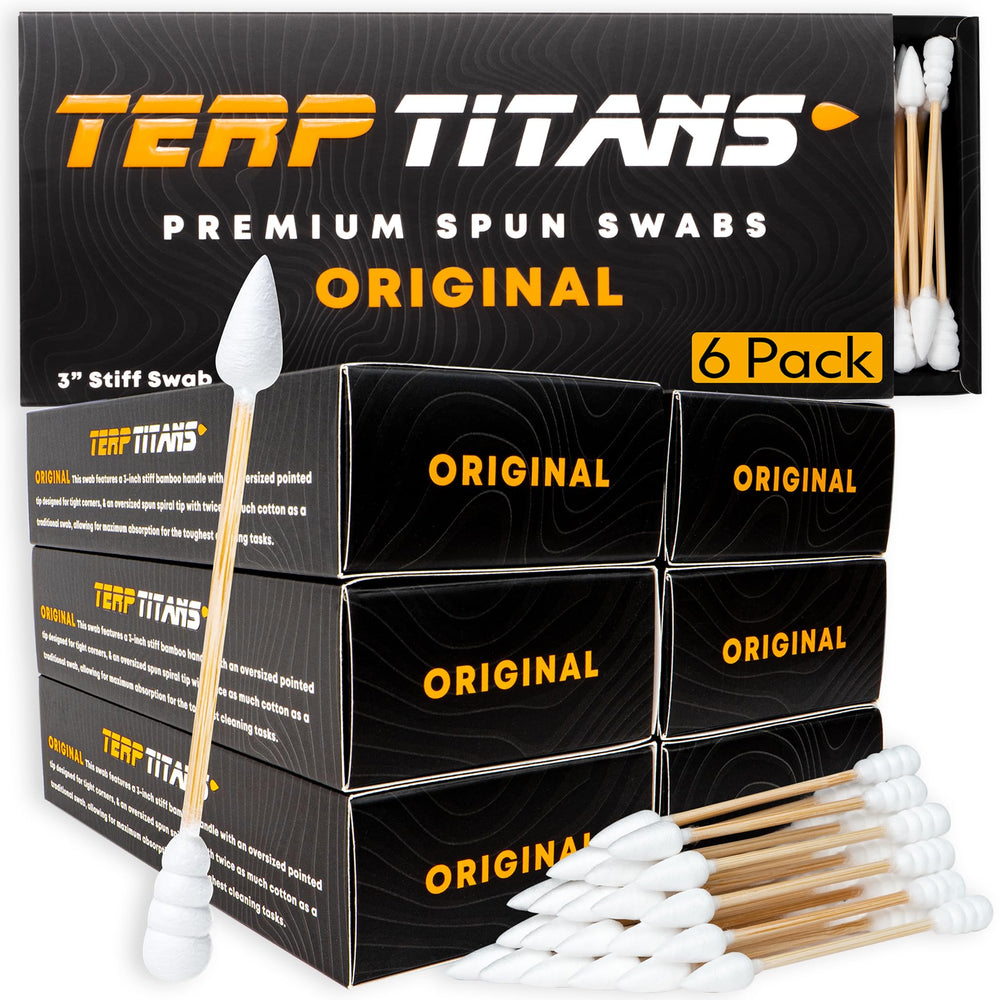 TerpTitans Original 6-pack boxes show premium bamboo cotton swabs for organized cleaning.