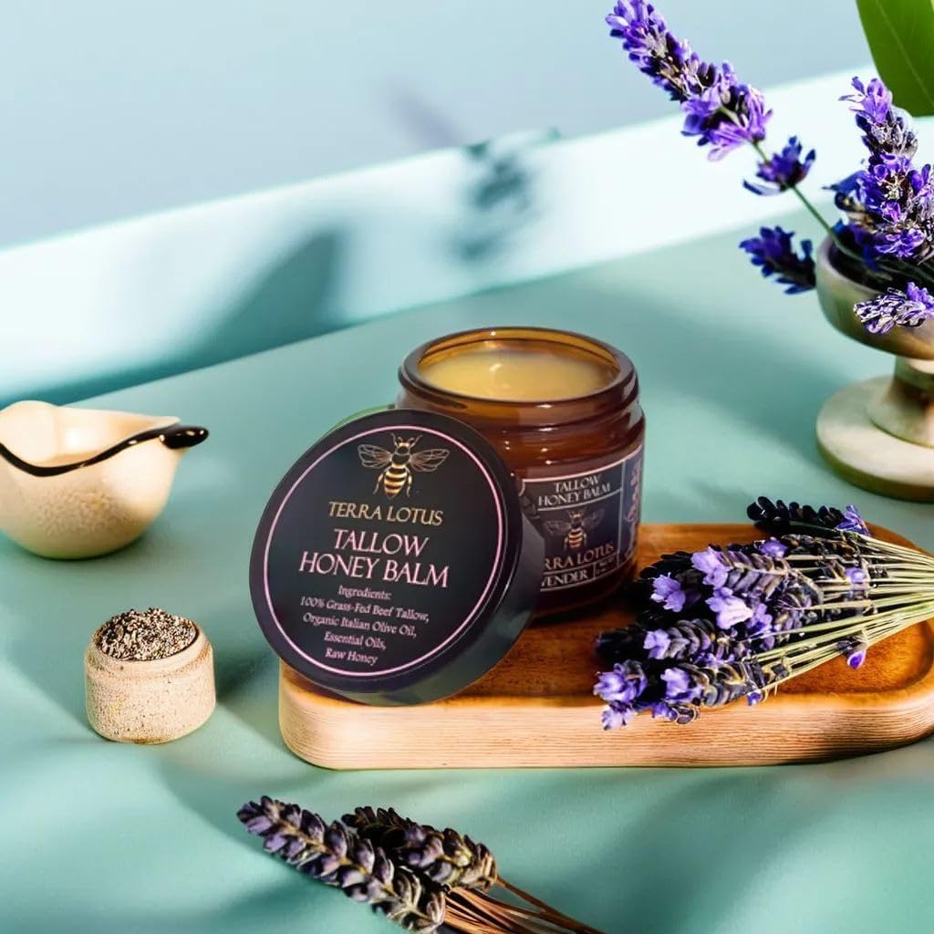 Terra Lotus Honey Tallow Balm ingredients scene shows grass-fed tallow and raw honey
