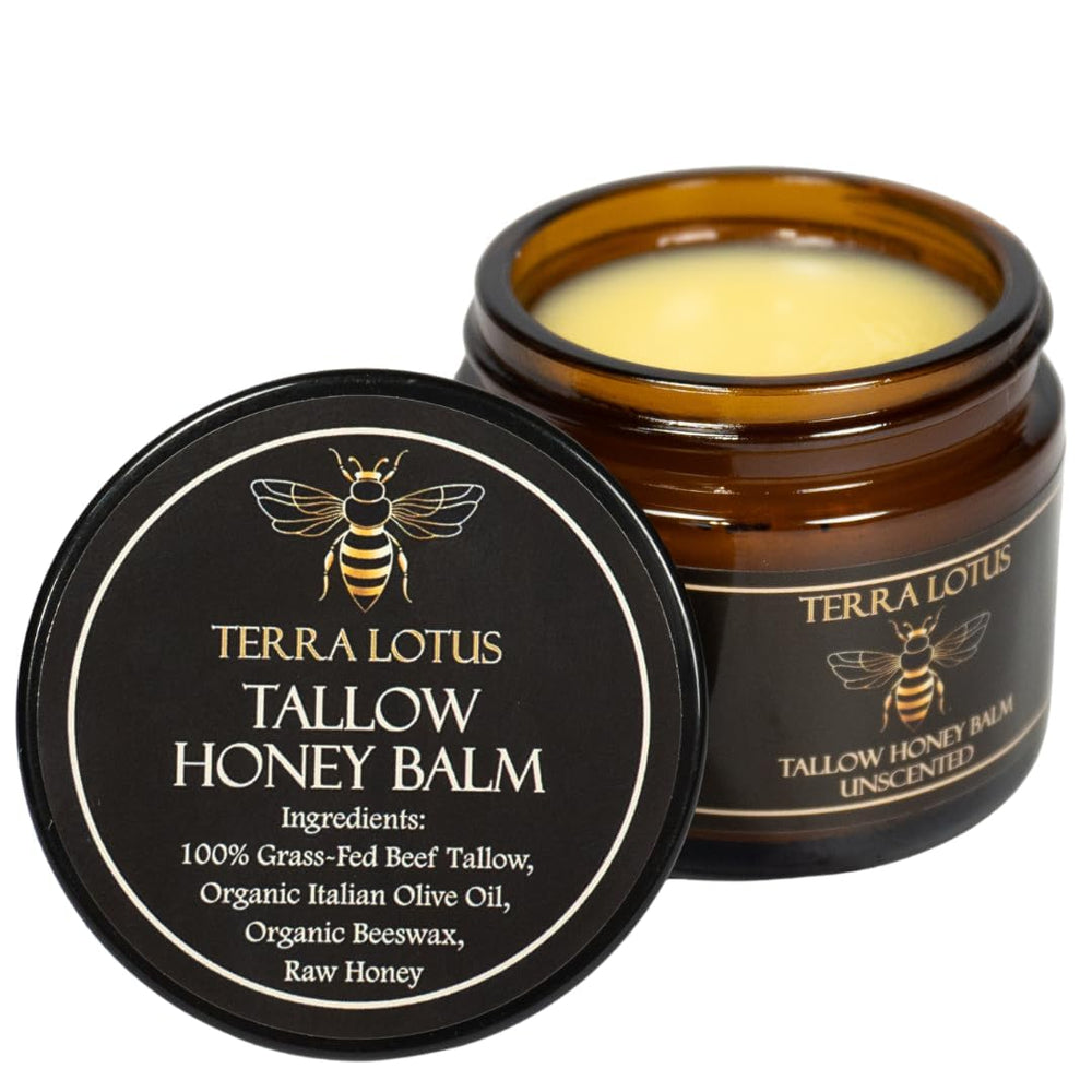 Terra Lotus honey tallow balm jar demonstrates daily moisture for soft skin
