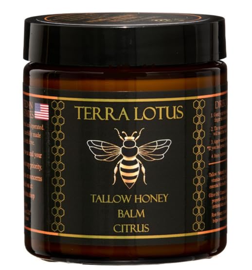 Terra Lotus honey tallow balm jar with rich moisture for all-over skin nourishment.