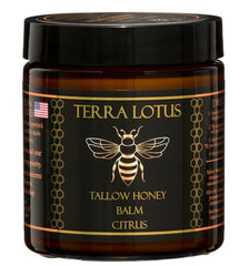 Terra Lotus honey tallow balm jar with rich moisture for all-over skin nourishment.