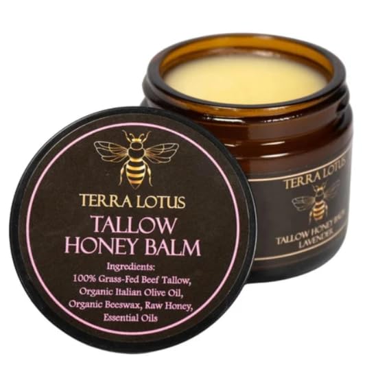 Terra Lotus honey tallow balm lavender jar demonstrates nourishing ingredients for moisturized skin.