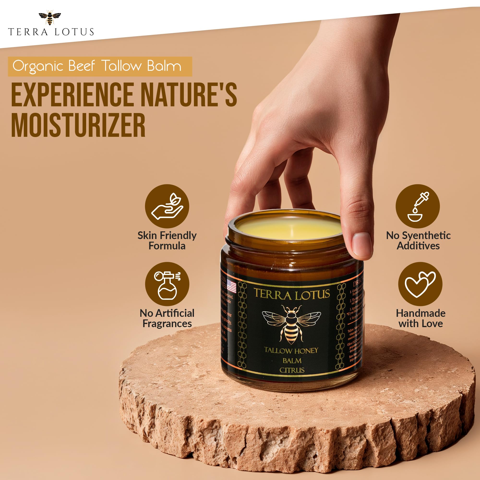 Terra Lotus honey tallow balm packaging photo reinforces ethical small-batch production.