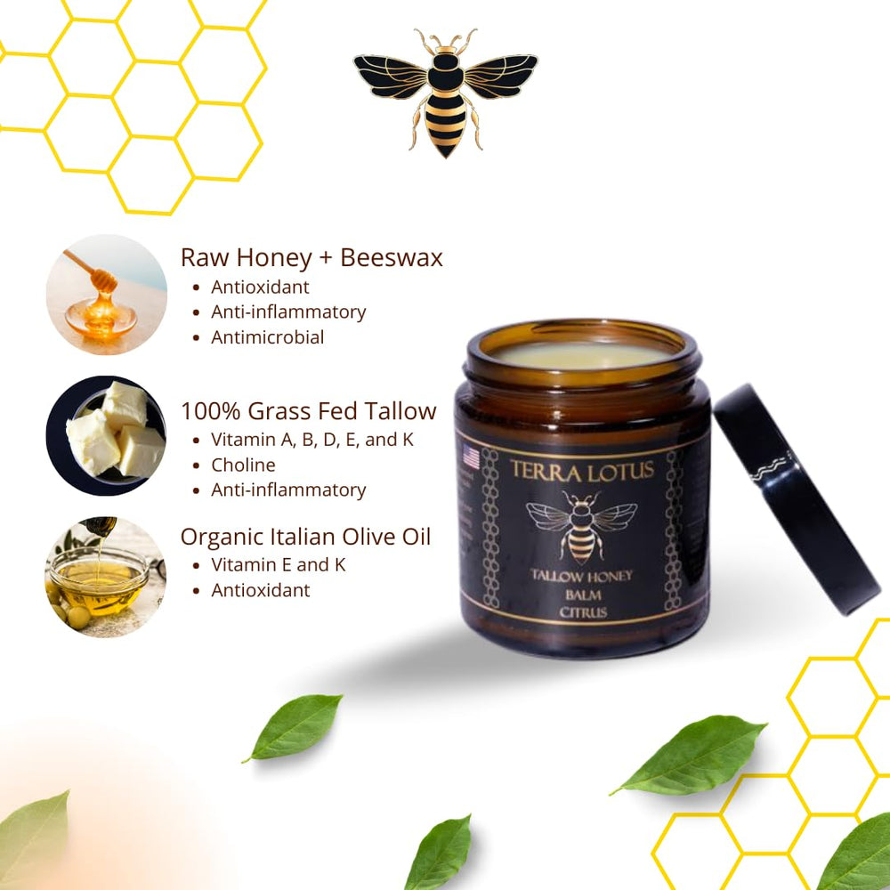 Terra Lotus honey tallow balm skin-care usage scene shows versatile moisturization.
