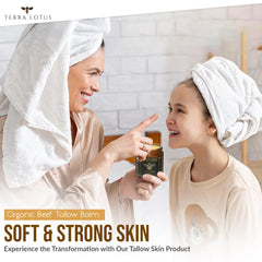 Terra Lotus honey tallow balm texture close-up shows creamy, non-greasy absorption.