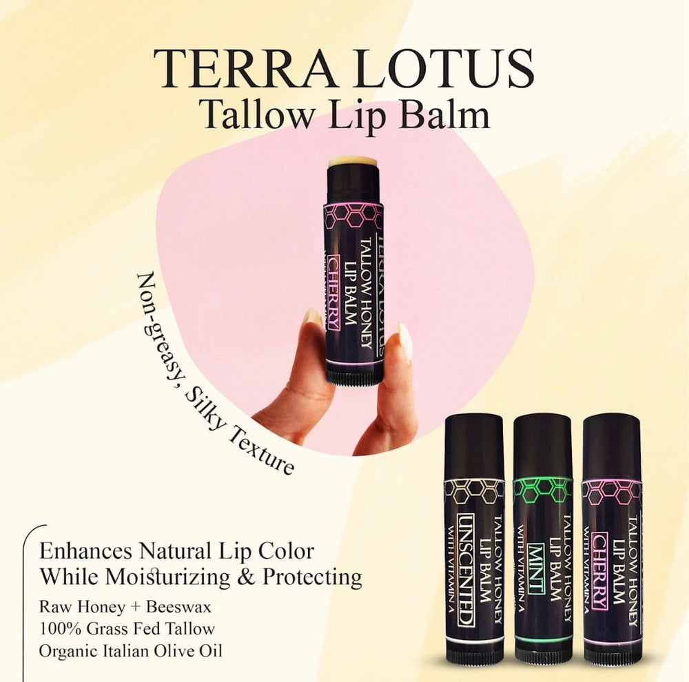 Terra Lotus lip balm beeswax closeup emphasizing protective layer on lips