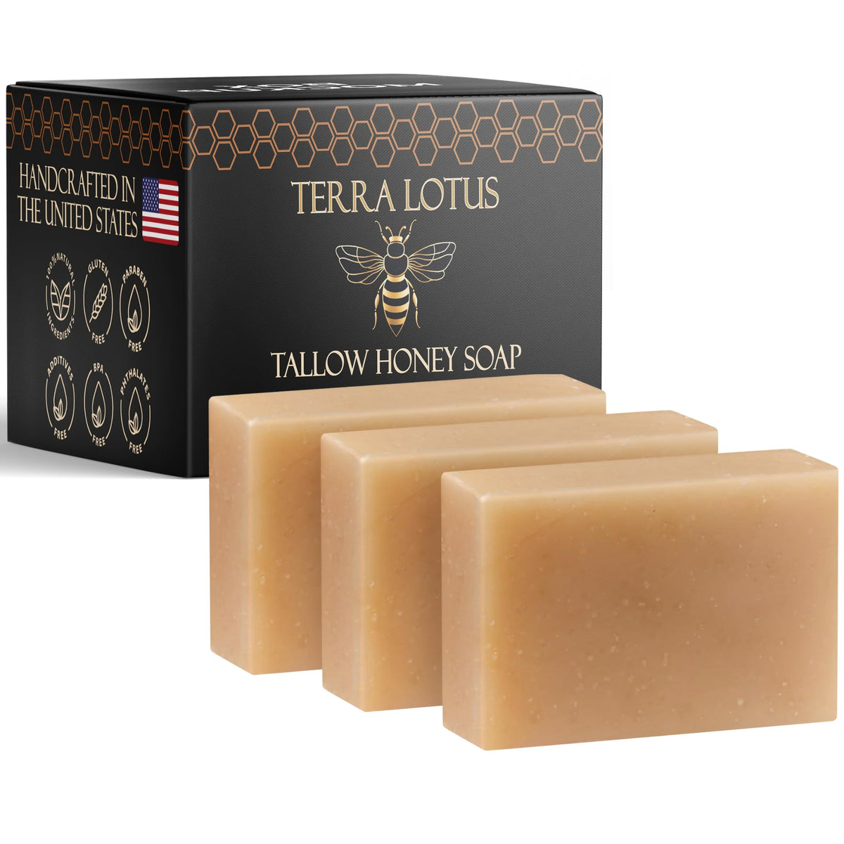 Terra Lotus tallow soap slice closeup showing creamy lather for gentle cleansing.