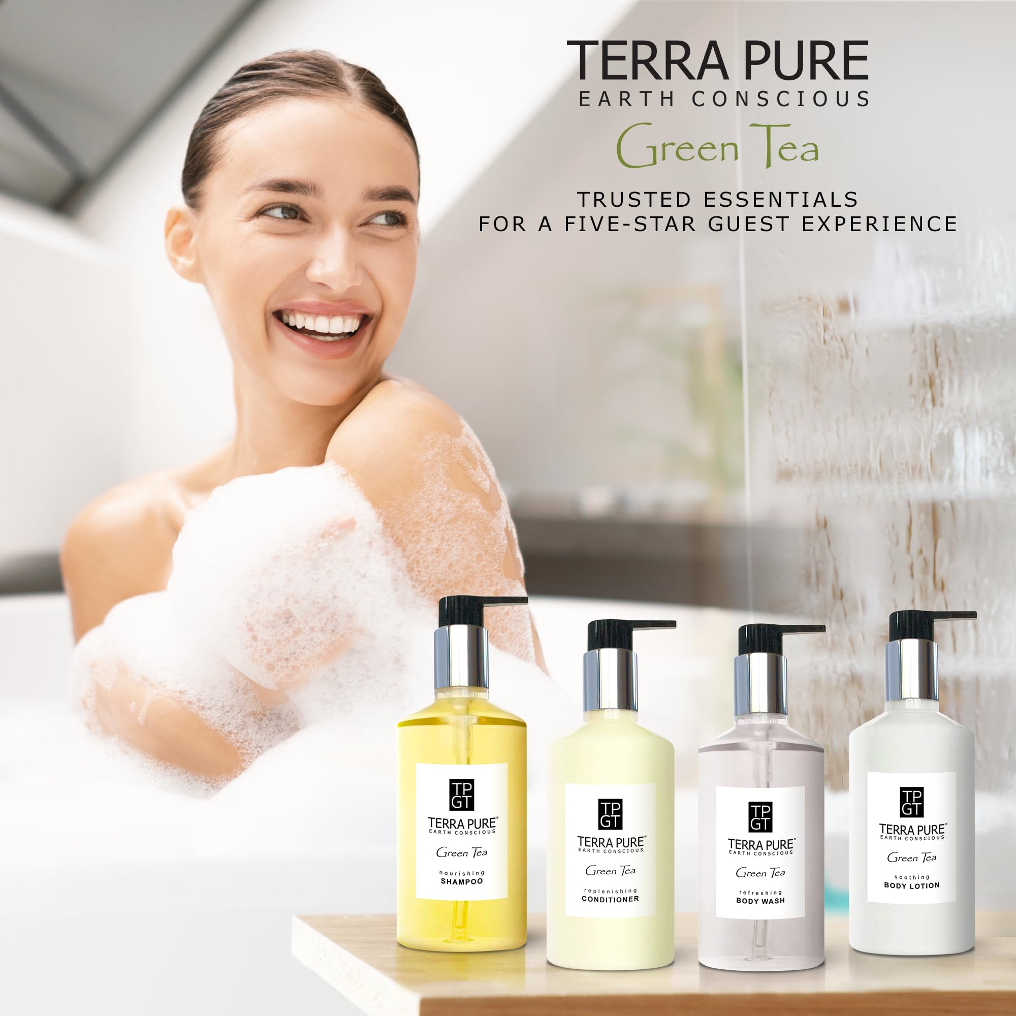 Terra Pure Ecobox bulk toiletries set ideal for hotels and rentals.