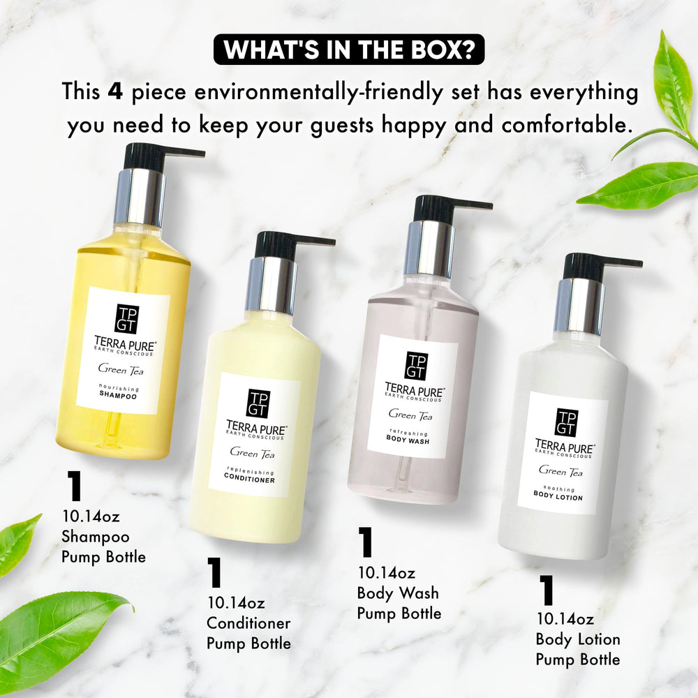 Terra Pure Ecobox conditioner bottle showing glossy hair results for guests.