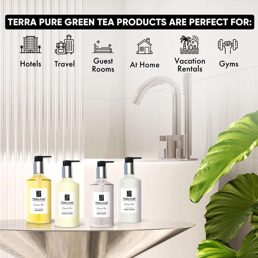 Terra Pure Ecobox shampoo bottle focus delivering premium guest hair care.