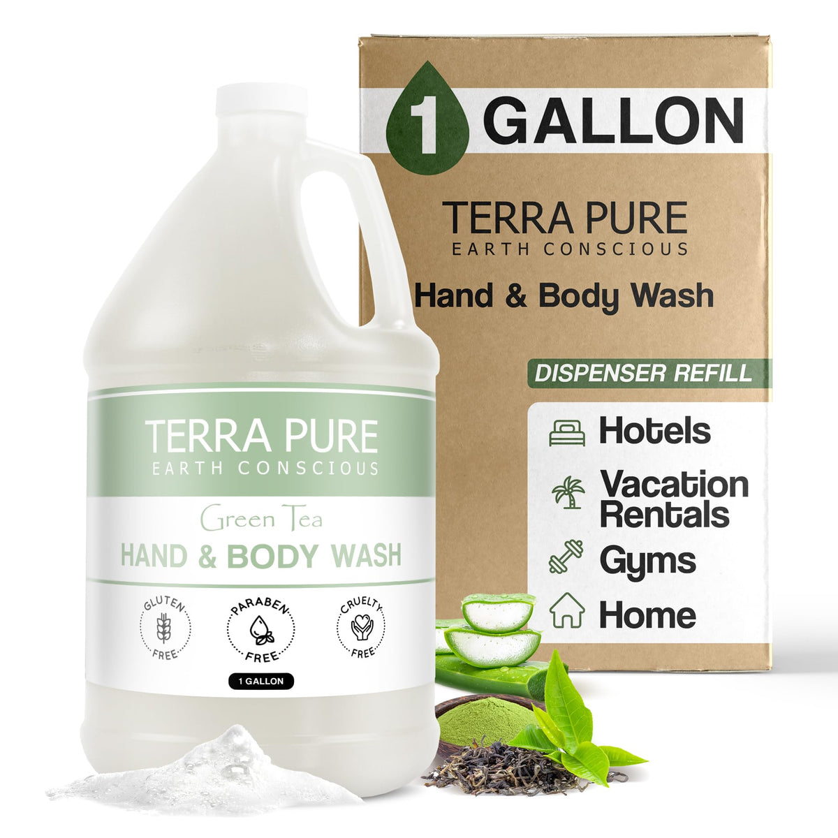 Terra Pure hotel body wash refill gallon ready for dispensers enhances guest satisfaction with simple refills.