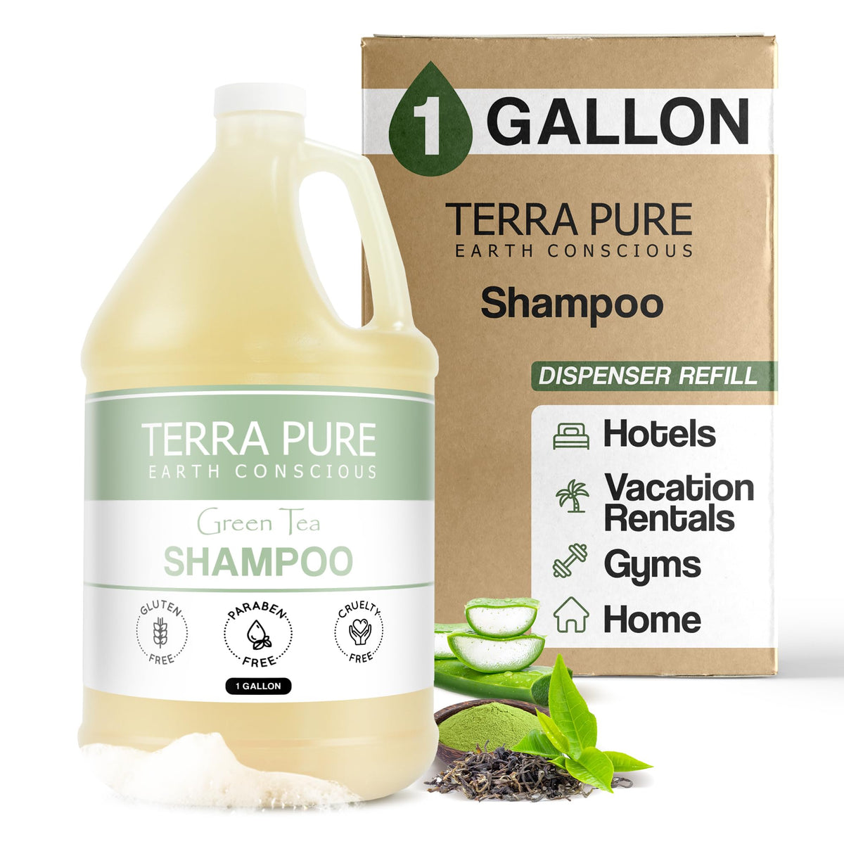 Terra Pure Hotel Shampoo gallon refill shown for hotel dispensers, supporting guest comfort.