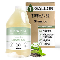 Terra Pure Hotel Shampoo gallon refill shown for hotel dispensers, supporting guest comfort.