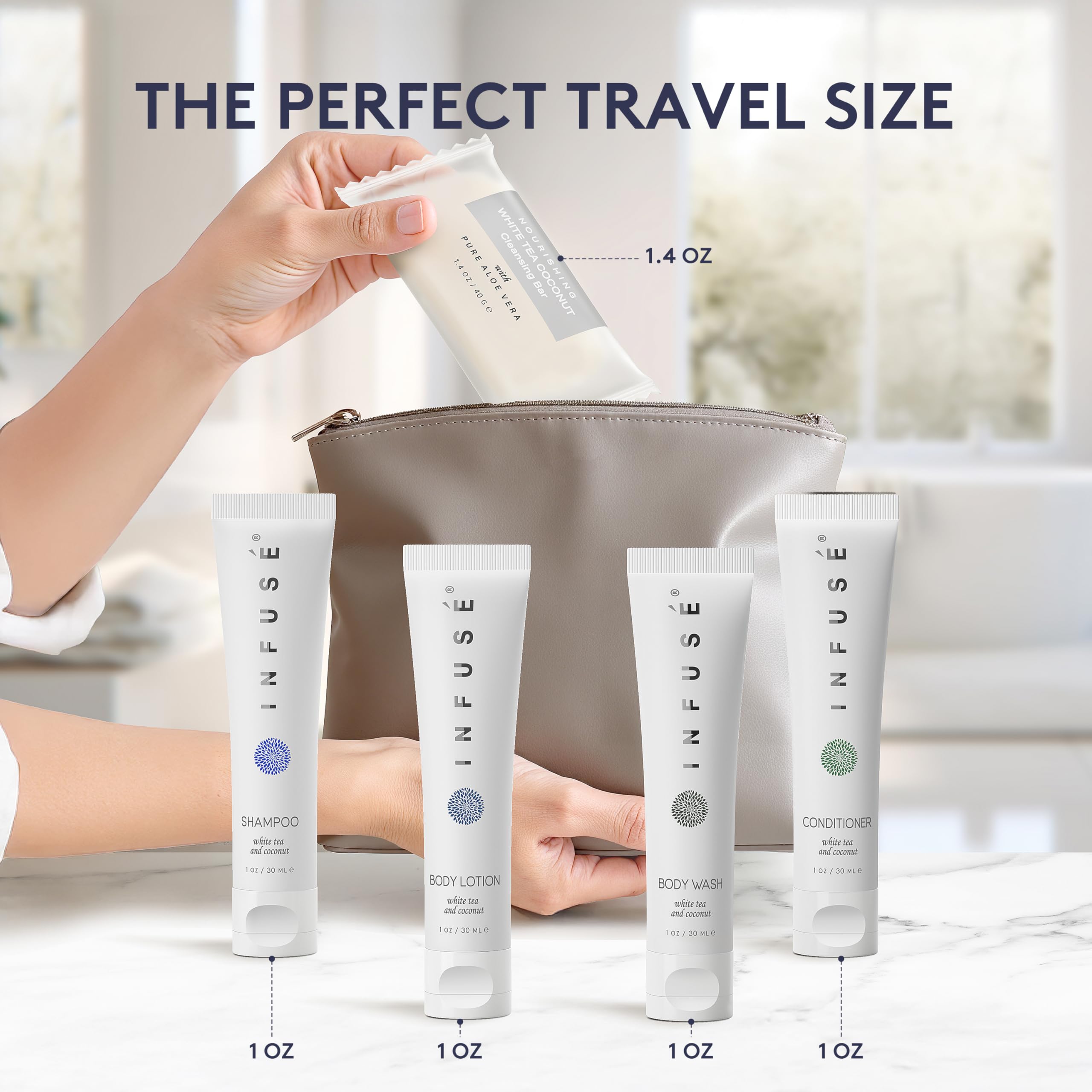 Terra Pure Infuse body wash bottle with invigorating scent for guest room refreshment.