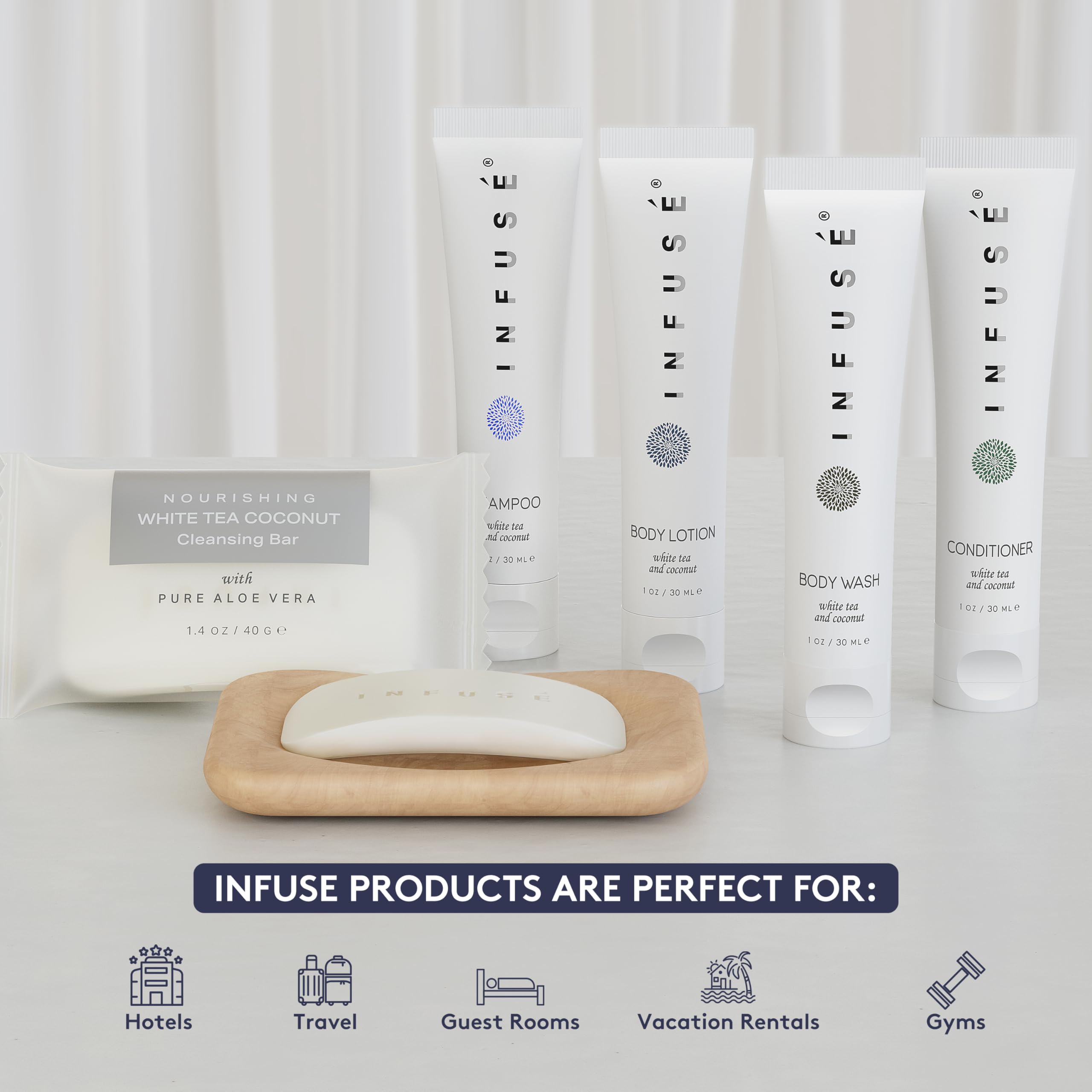 Terra Pure Infuse conditioner bottle for deluxe guest bathrooms delivering silky hair after use.