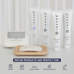 Terra Pure Infuse conditioner bottle for deluxe guest bathrooms delivering silky hair after use.