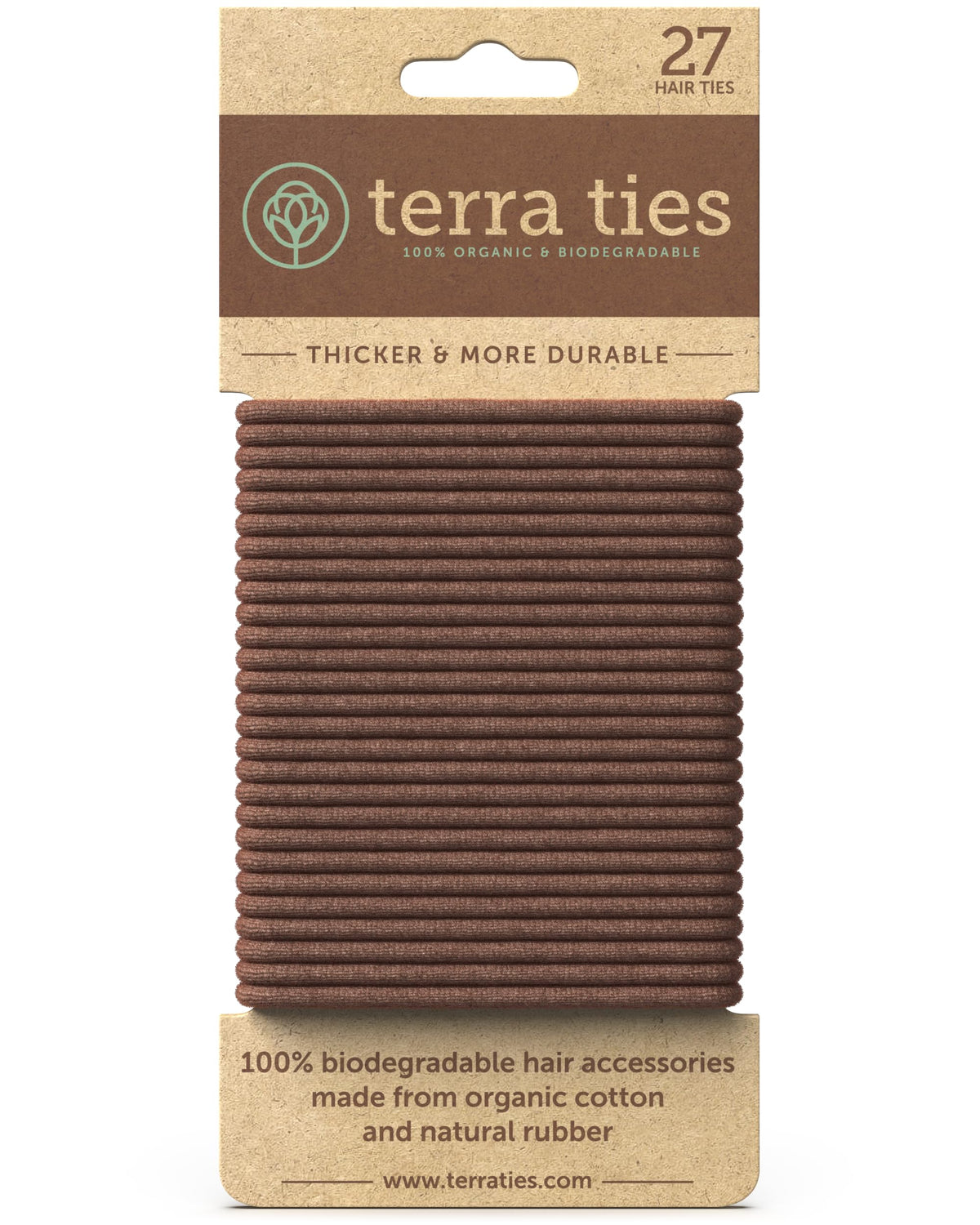 Terra Ties brown biodegradable hair tie securing a ponytail with no crease.