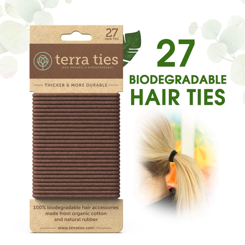 Terra Ties organic cotton and natural rubber hair tie close-up, odorless and long-lasting.