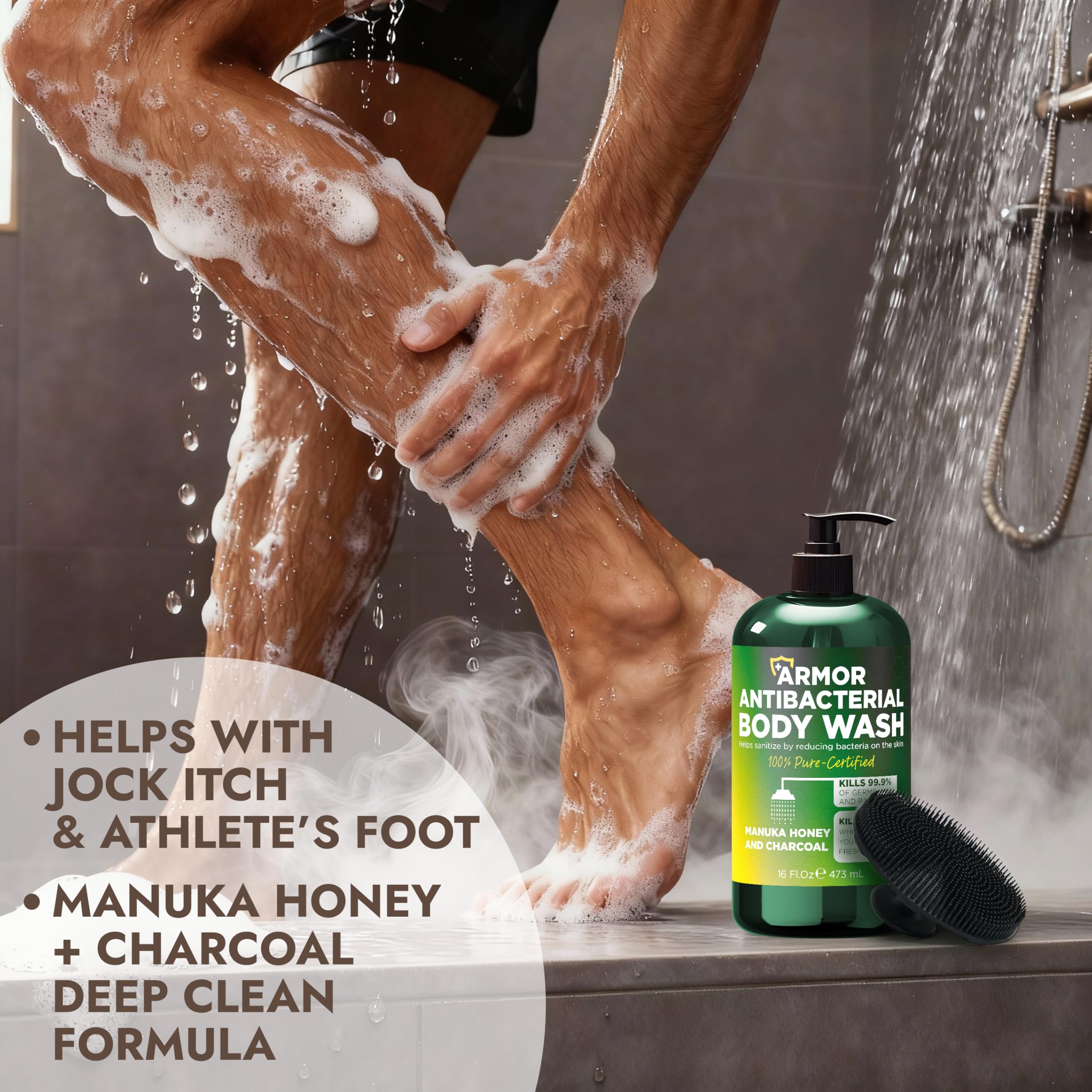 Terramed Just Think Comfort antibacterial body wash label close-up highlighting manuka honey and charcoal benefits.