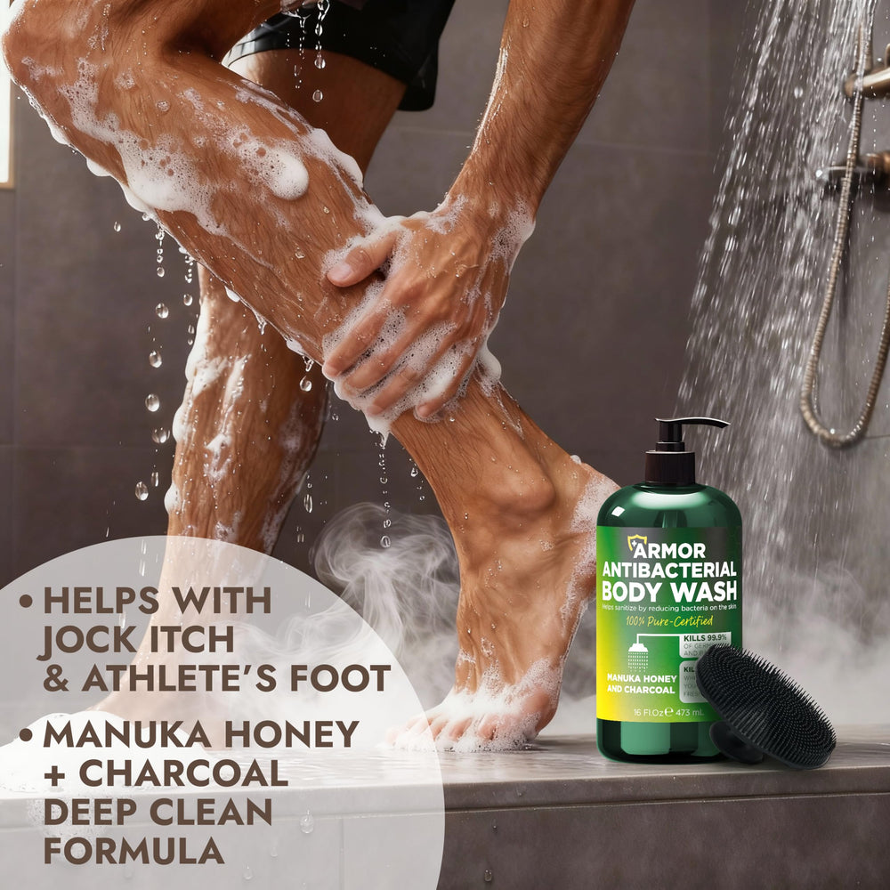 Terramed Just Think Comfort antibacterial body wash label close-up highlighting manuka honey and charcoal benefits.
