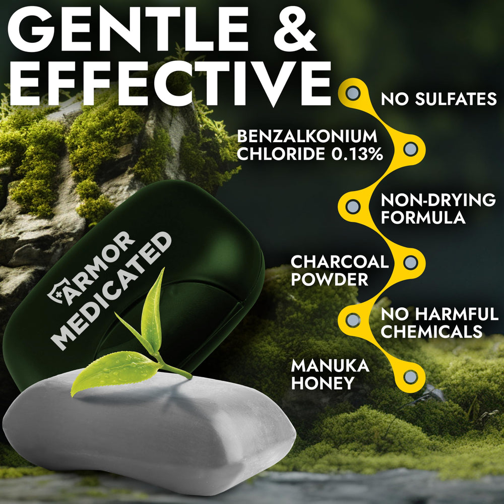 Terramed Just Think Comfort manuka honey charcoal image highlights impurities draw-out and moisture balance.