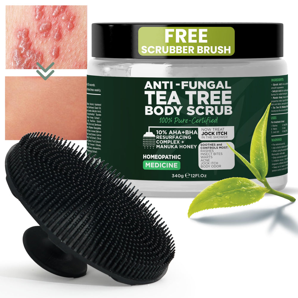 Terramed Just Think Comfort antifungal body wash bottle with scrubber brush for easy cleansing.
