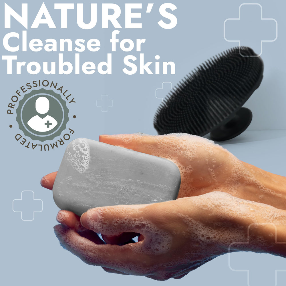 Terramed Just Think Comfort antifungal soap bar shown during lathering for skin cleansing.