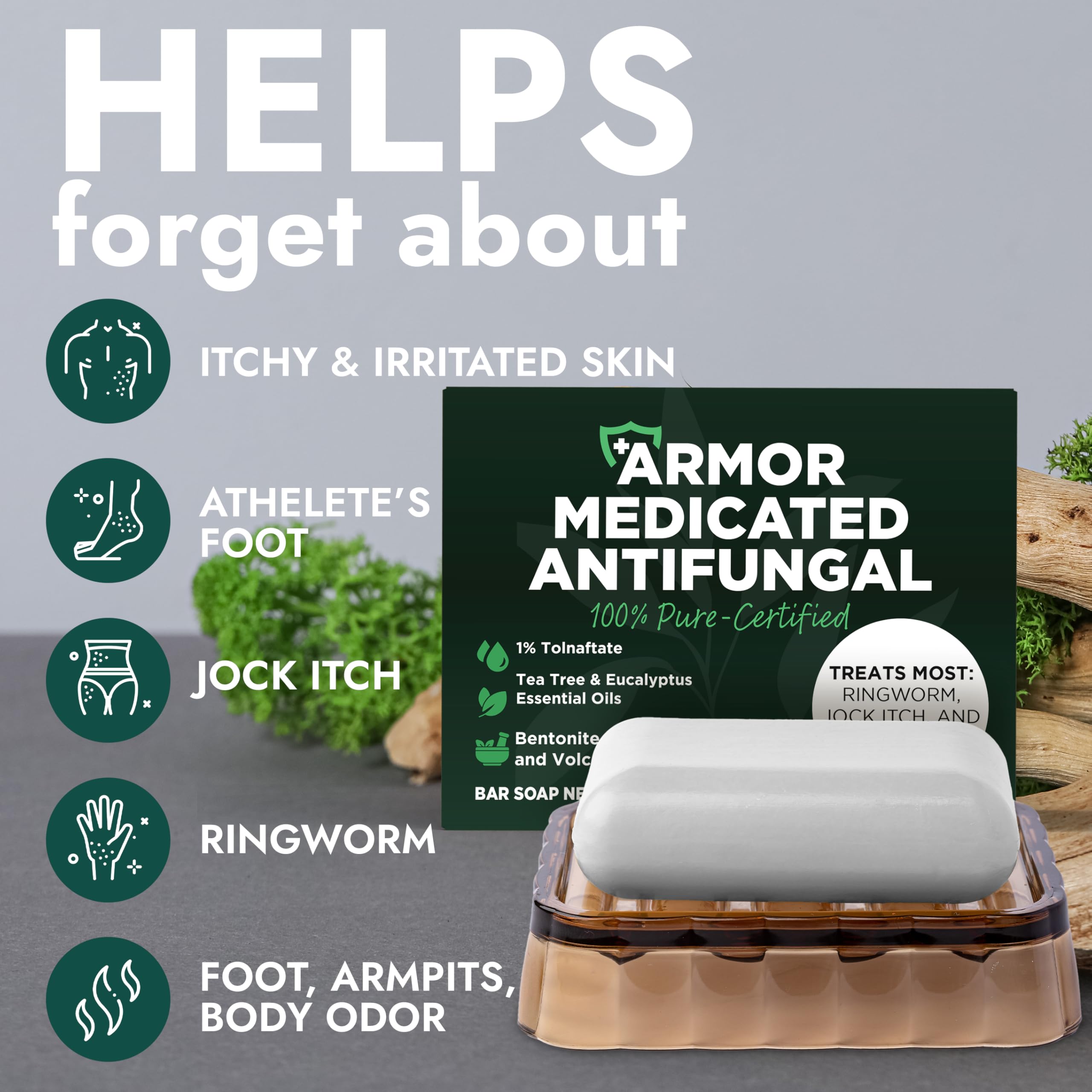 Terramed Just Think Comfort antifungal soap close-up emphasizes tea tree aroma for soothing cleanse.