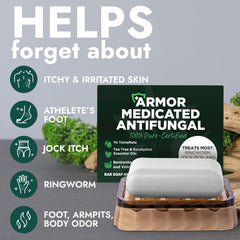 Terramed Just Think Comfort antifungal soap close-up emphasizes tea tree aroma for soothing cleanse.