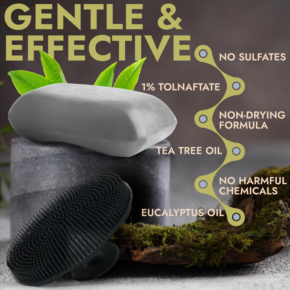 Terramed Just Think Comfort medicated antifungal soap in shower delivering a fresh, clean lather.