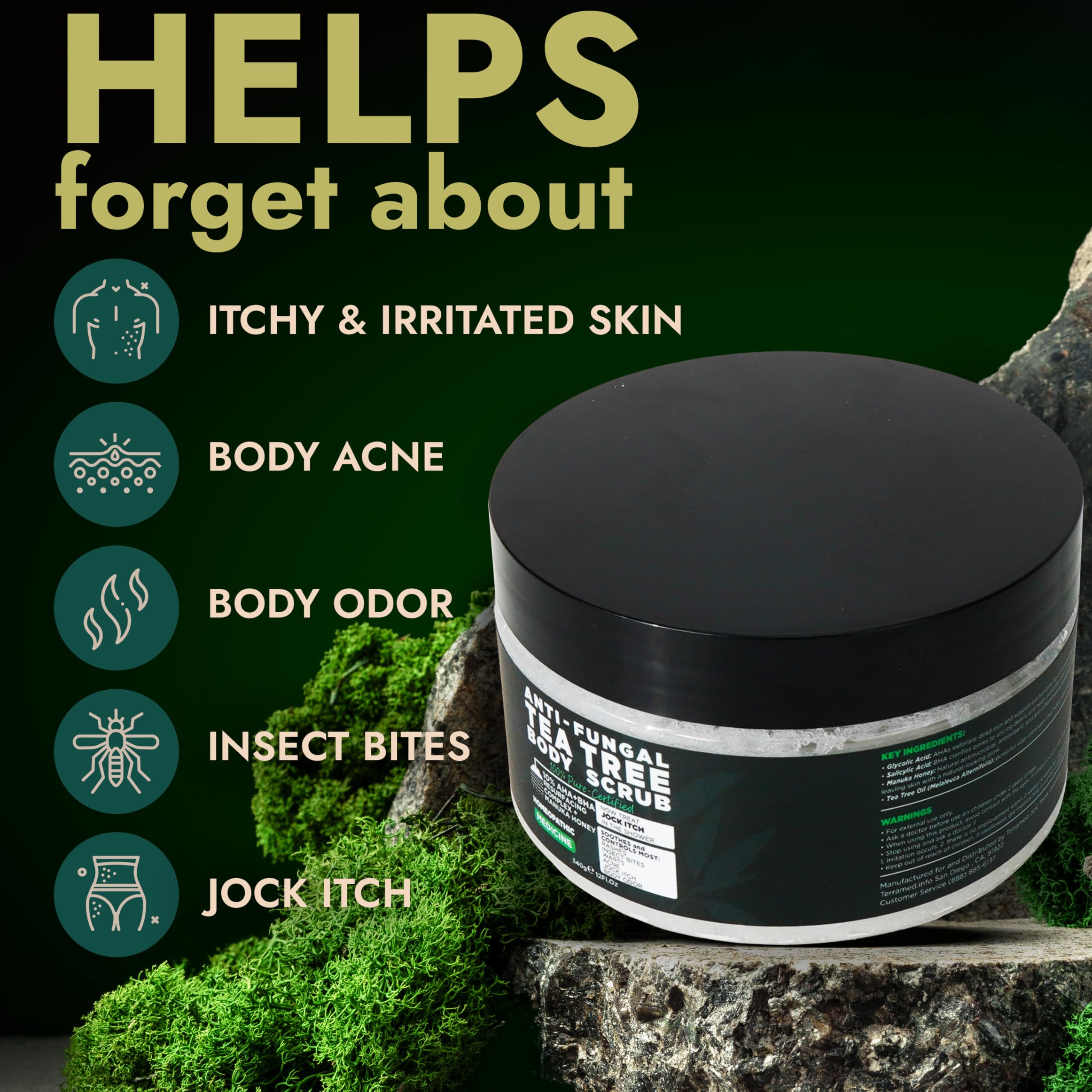 Terramed Just Think Comfort tea tree oil ingredient close-up for natural skin refreshment.