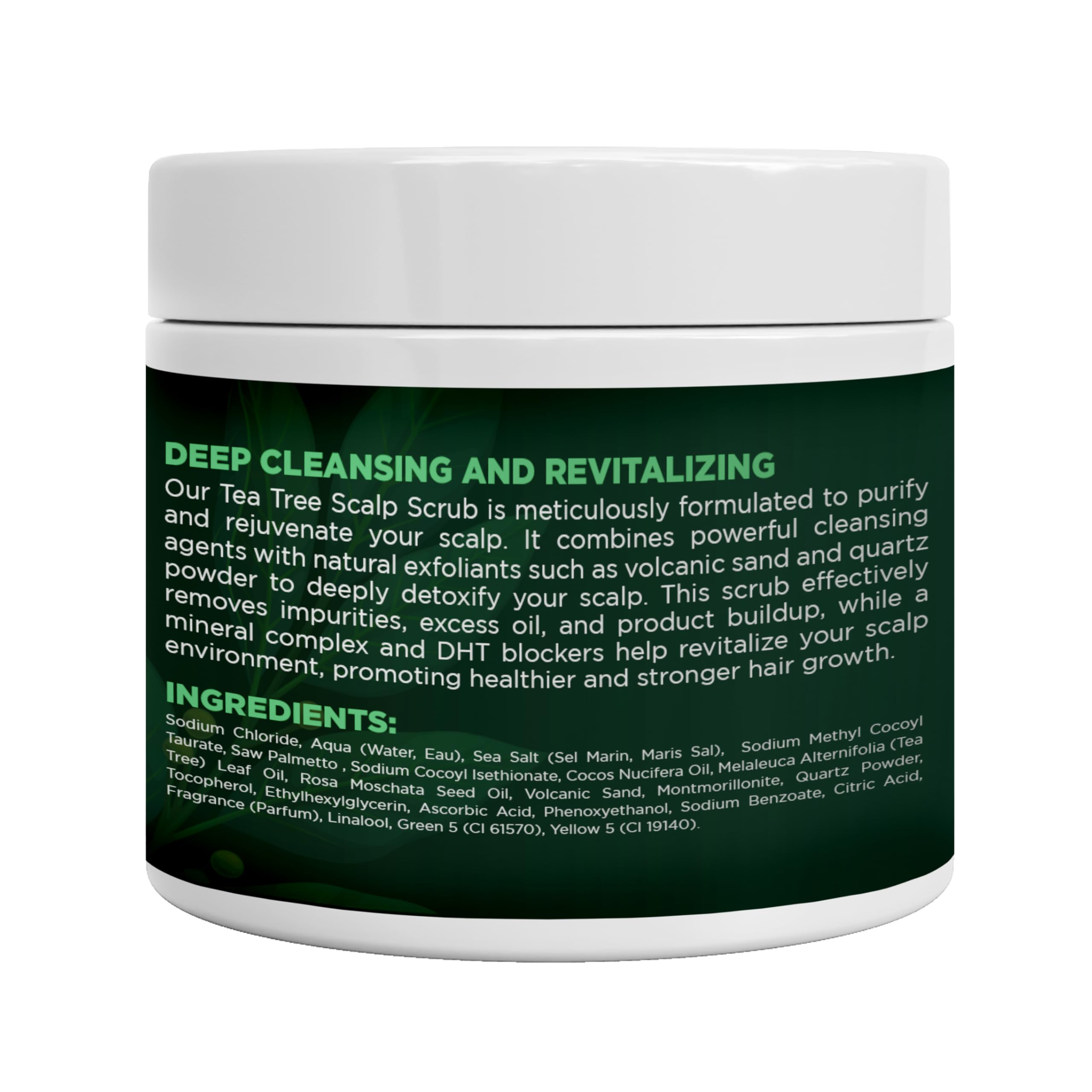 Terramed Just Think Comfort Tea Tree Scalp Scrub packaging highlighting clean ingredients.