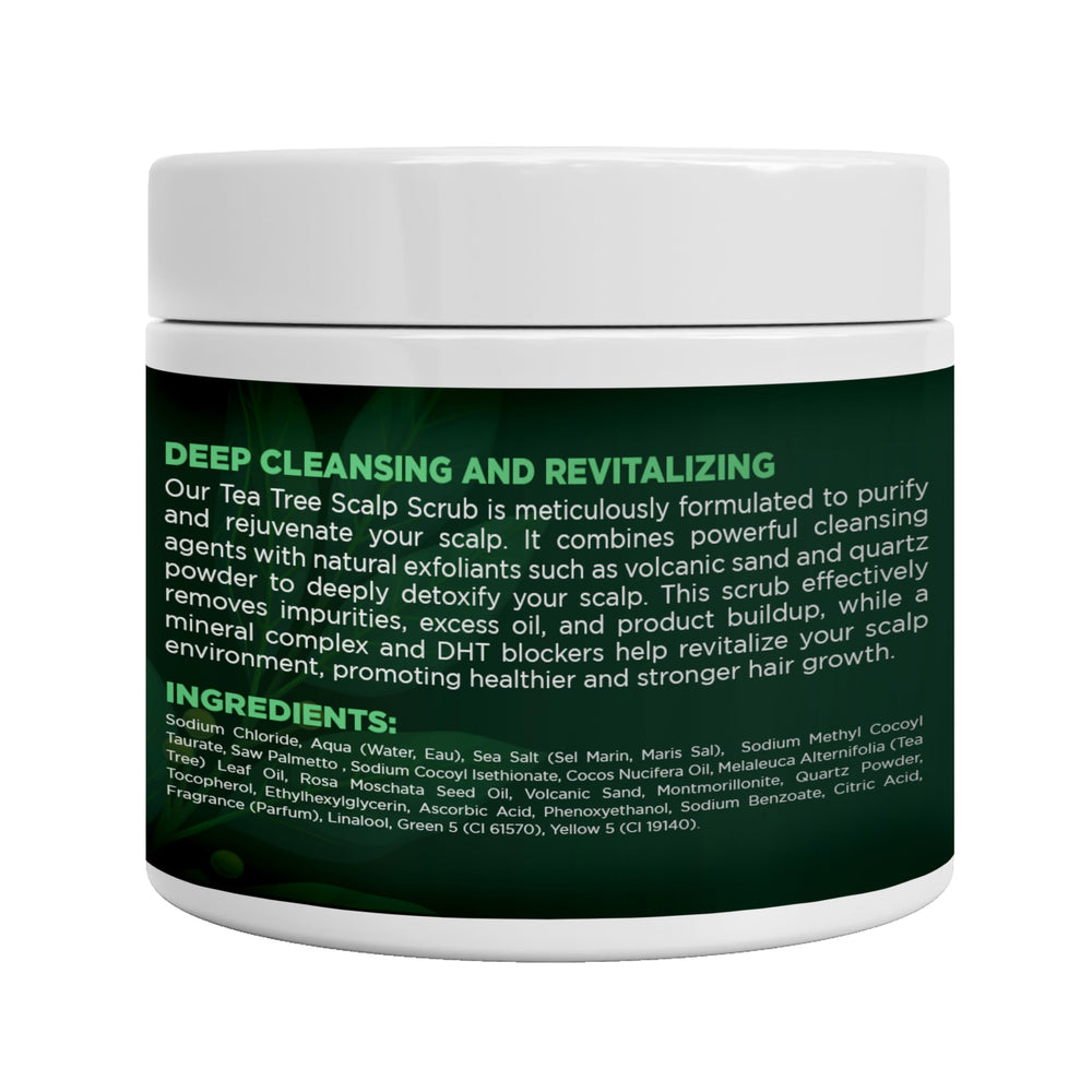 Terramed Just Think Comfort Tea Tree Scalp Scrub packaging highlighting clean ingredients.