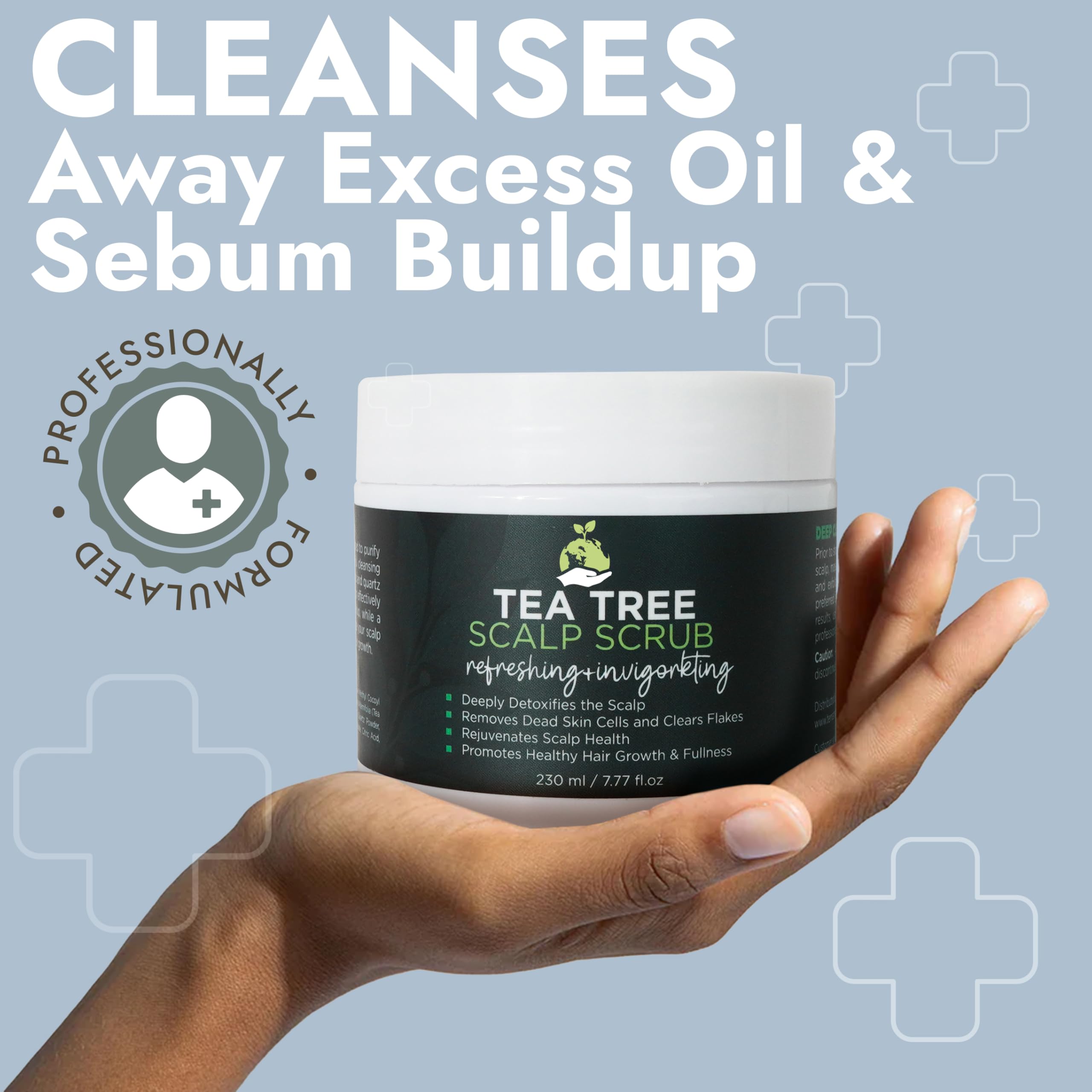 Terramed Just Think Comfort Tea Tree Scalp Scrub applying to scalp during shower for relief.