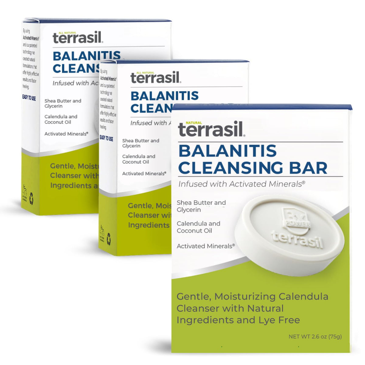 Terrasil Balanitis Soap for Men bar close-up shows soothing formula for sensitive skin.