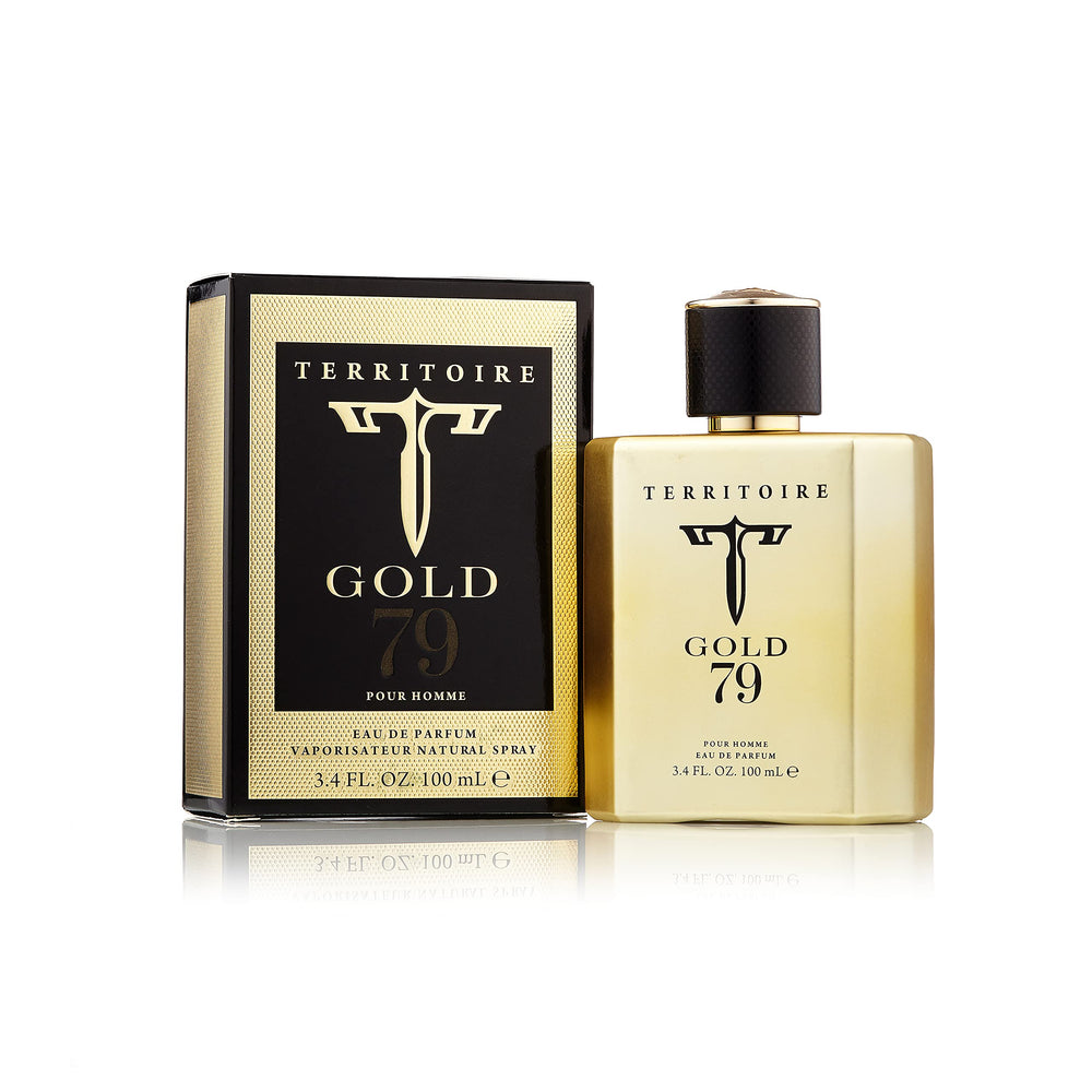 Territoire Gold 79 bottle front view showcases bold masculine fragrance for daily wear.