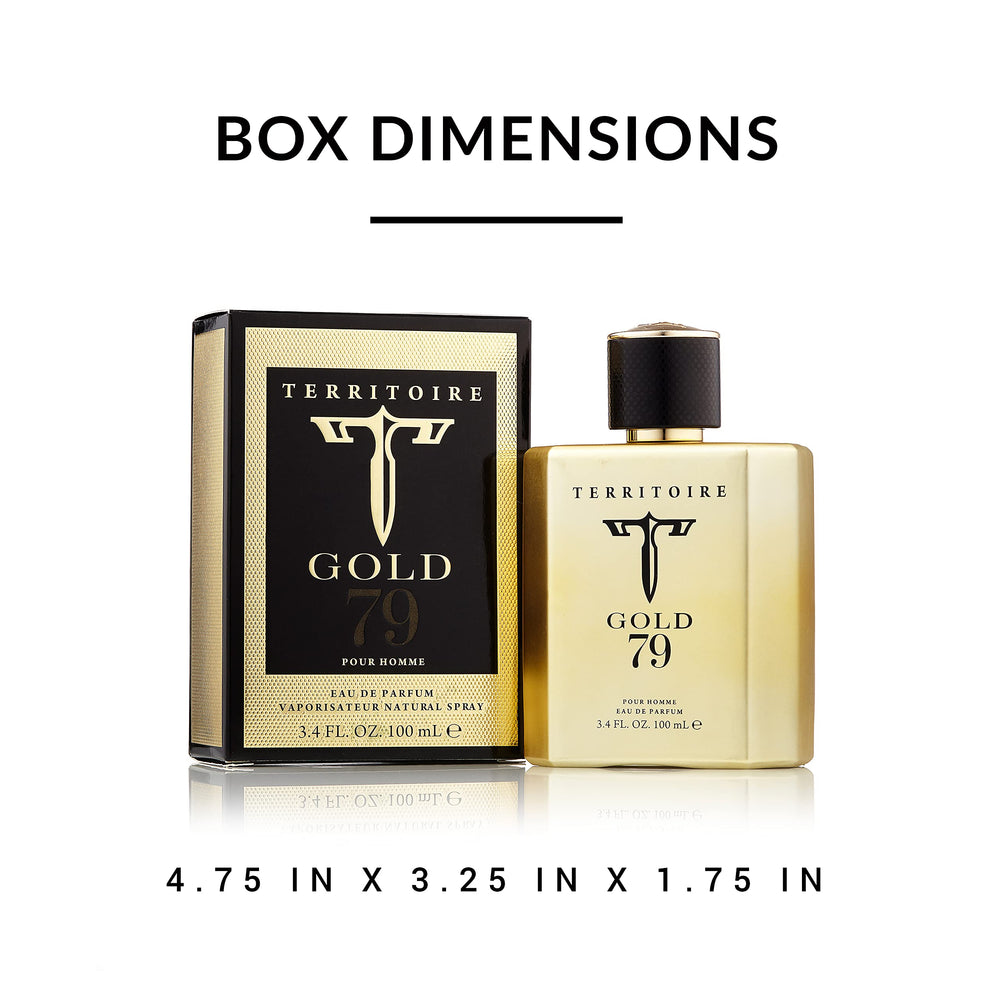 Territoire Gold 79 lifestyle shot suggests confident daily fragrance usage.