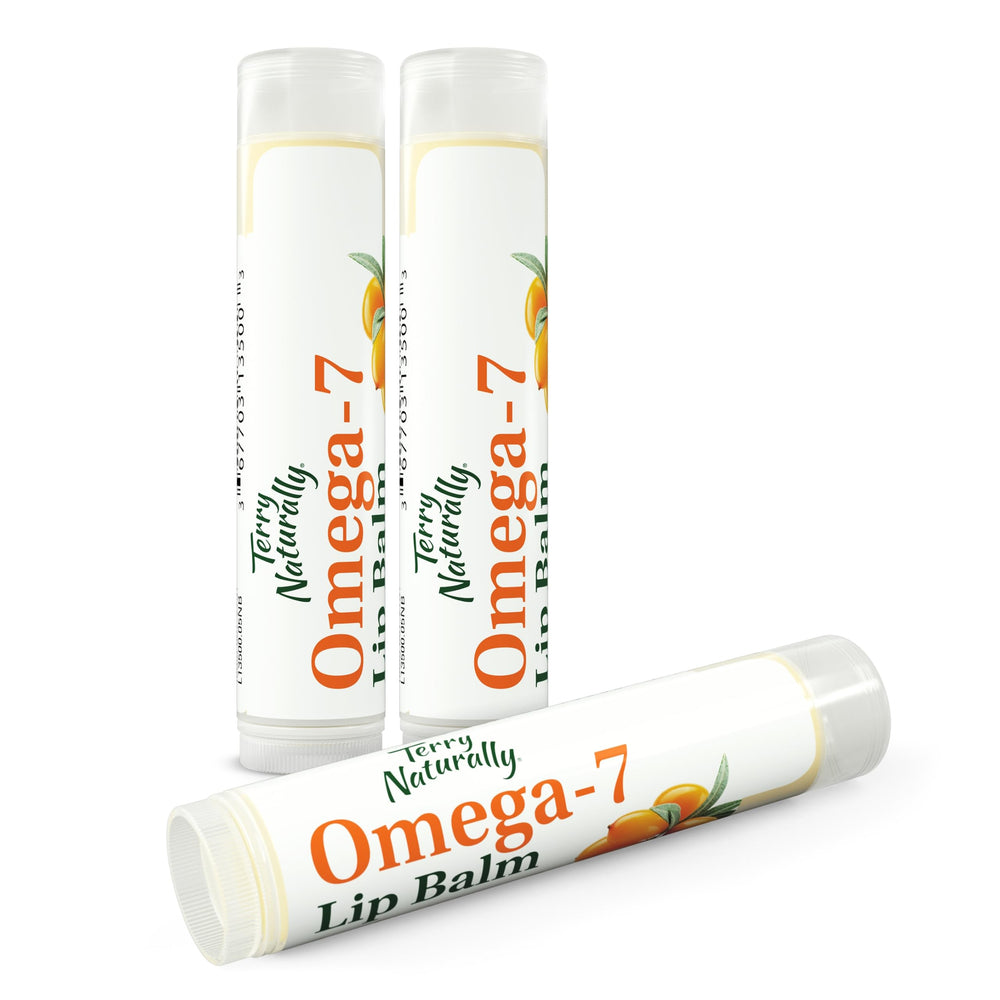 Terry Naturally Omega 7 Lip Balm tube close-up for deep hydration.