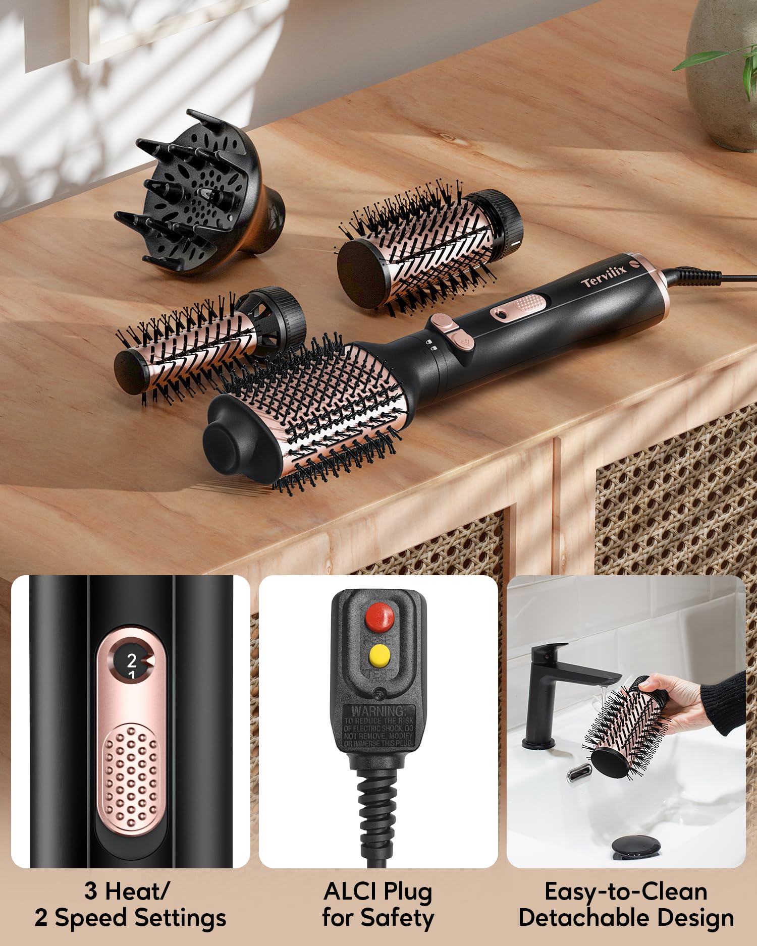 Terviiix 360-degree swivel cord enables tangle-free maneuvering during styling.
