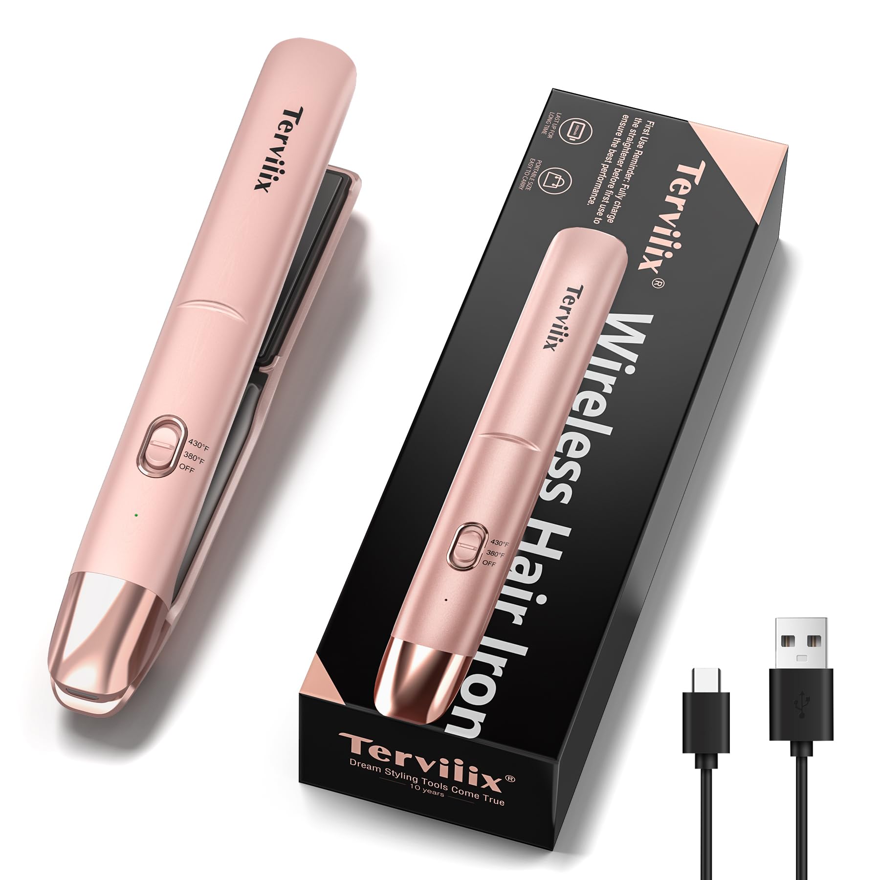 Terviiix cordless hair straightener on counter enables easy on-the-go styling.