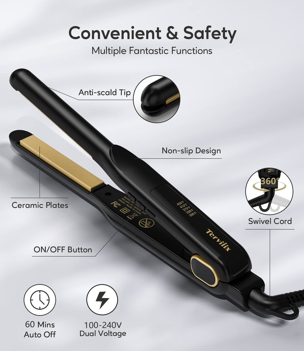 Terviiix flat iron demonstrates 360° swivel cord and auto shut-off for safe styling