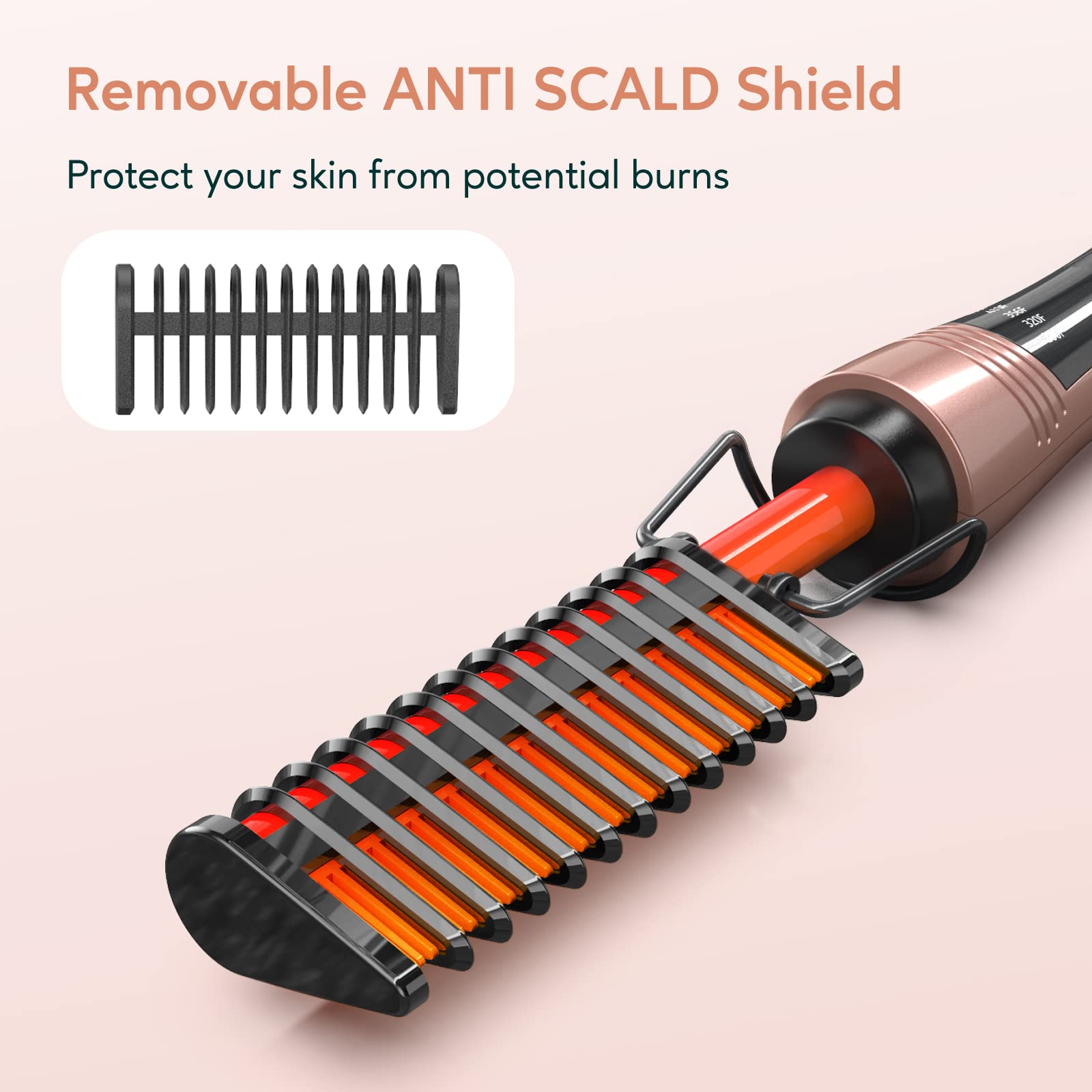 Terviiix hot comb displaying anti-scald shield for skin protection during styling.